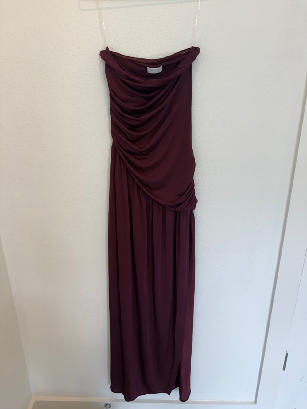 Meshki Bex Strapless Slinky Maxi Dress With Split - Burgundy - Picture 4 of 6